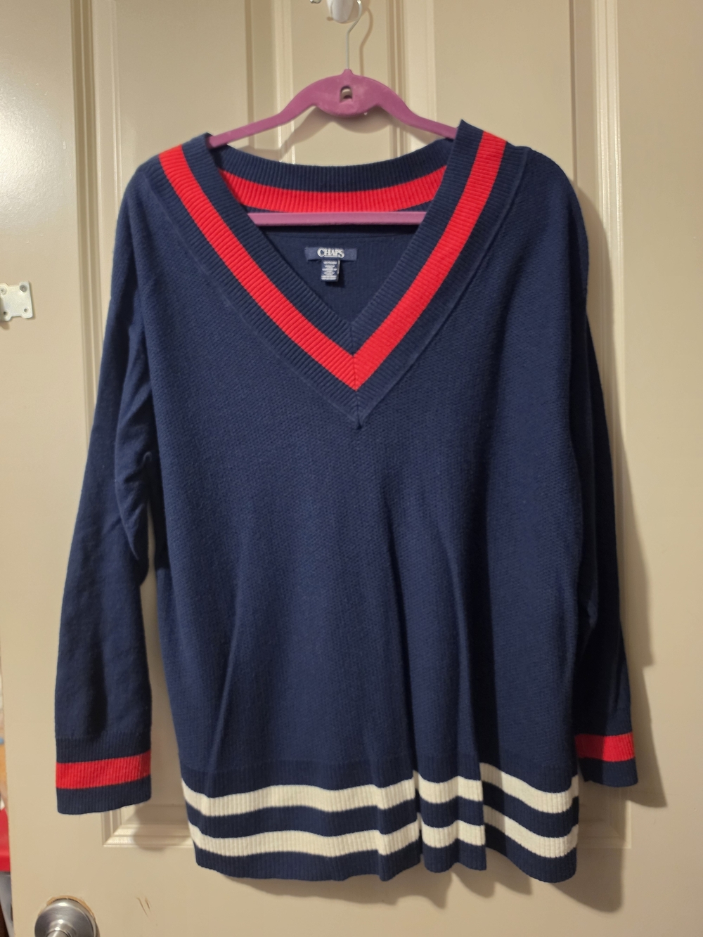 Champs Navy V-Neck Sweater with Red and White Trim 1x